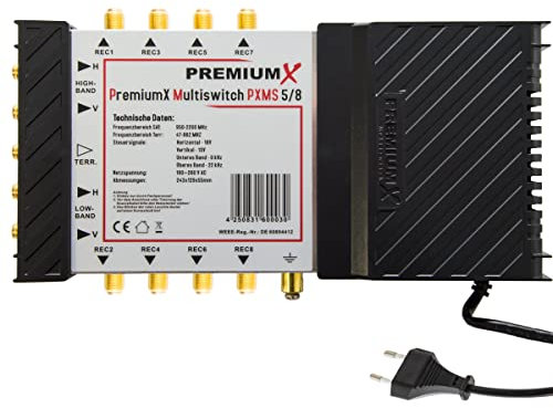 PremiumX PXMS 5/8 Multischalter mit Netzteil Multiswitch 1 SAT für 8 Teilnehmer Satverteiler Digital HDTV FullHD 4K UHD 8K
