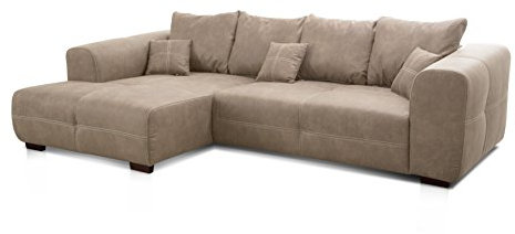 Cavadore Ecksofa Mavericco / XXL Eckcouch Inkl. Rückenkissen und Zierkissen / Longchair links / Industrial Style / 285 x 69 x 170 (BxHxT) / Mikrofaser Beige