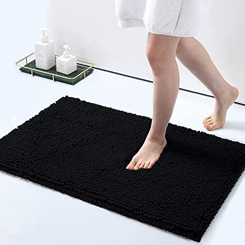Homaxy rutschfeste Badematte Chenille Badezimmerteppich Mikrofaser Badteppich Saugfähige Hochflor Badvorleger - 50 x 76 cm, Schwarz