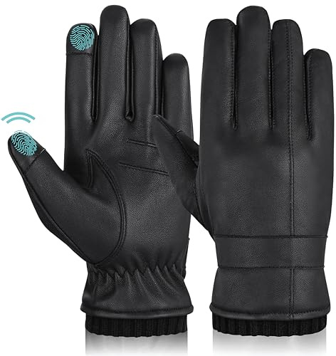 Hand Fellow Gants d'hiver en cuir pour homme, compatibles avec écran tactile, doublure en polaire, gants chauds en peau de mouton nappa, gants de conduite noirs, Côtes noires, M