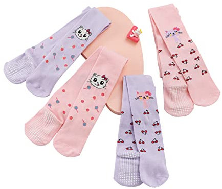 Cotton Coming Baby Mädchen Strumpfhose Baumwolle,Rosa und Lila Baby Kleinkind Kinder Anti-Rutsch Rutschfest Stoppersocken （6-12 Monate）