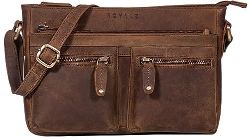 ROYALZ 'Dakota' Vintage Schultertasche Damen Leder kleine Umhängetasche Crossbody Bag - Umhänge Ledertasche Handtasche Damentasche Echt-Leder Elegant, Farbe:Nevada braun