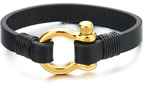 Herr Kvinnor Guld Stål Skruv Ankare Shackles Wrap Armband Svart Läder, Nautical Sailor Armband