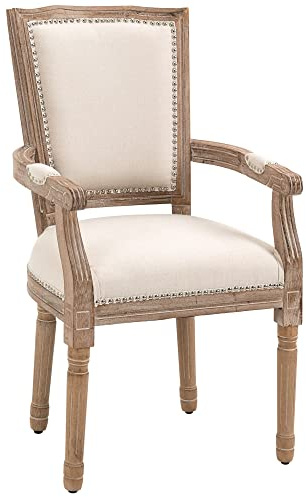 HOMCOM Esszimmerstuhl Küchenstuhl mit Rückenlehne, Leinenoptik, dick Polser, Holzbeine, Sessel Polsterstuhl im Vintage Design, Wohnzimmerstuhl für Esstisch, Cremeweiß