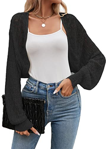 Famulily - Cardigan estivo da donna a maniche lunghe, corto, con scollo a V, in pizzo ricamato a crochet, scialle coprispalle, Nero , XL