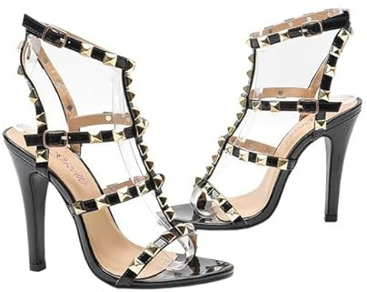 Gizelle® Womens High Heel Sandals Studded Rivet Buckle Ankle Strappy Stiletto Shoes – Ladies Open Toe Office Party Heeled Sandal Size UK 3-8