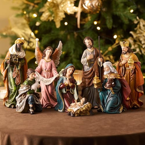 Valery Madelyn Christmas Nativity Set, 8 Piece Nativity Scene Sets & Figures Figurines 8'' Holy Family, Red Gold Green Christmas Jesus Religious for Holiday Indoor Xmas Gift Table Decorations