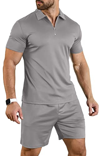 KUYIGO Polo e pantaloncini estivi da uomo, set da 2 pezzi, abbigliamento alla moda casual, grigio, XL