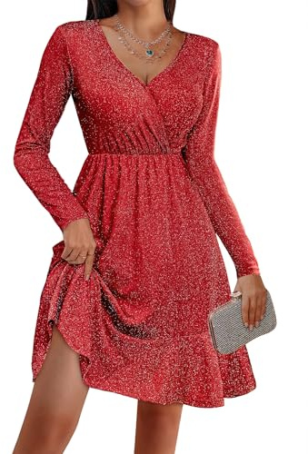 Zeagoo Robe de Noël élégante pour femme - Robe d'hiver à paillettes - Manches longues - Col en V - Ourlet à volants - Robe midi brillante