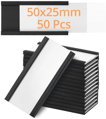 QWORK® 50 Pack Magnetic Label Holder - 25mm x 50mm - Reusable & Weatherproof with Protective Film - Magnetic Name Tags for Metal Shelf Locker Whiteboard