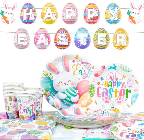 Set di stoviglie pasquali, 82 pezzi, striscione con uova stoviglie di carta per feste di Pasqua tovaglie piatti bicchieri tovaglioli di carta per 20 ospiti