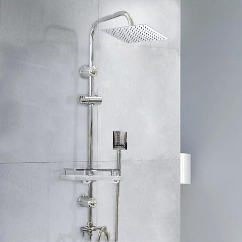 Megistore | Colonna Doccia Finitura Cromo Con Soffione e Doccetta Quadrato Acciaio Anticalcare, Porta Sapone, Altezza Regolabile Che Permette Di Utilizzare Fori Pre Esistenti