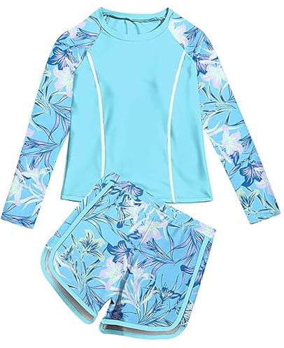 Generisch 2025 Bañador Rashguard para niña, 2 piezas, UPF 50+, traje de baño de verano para bebé, azul celeste, 12-13 años