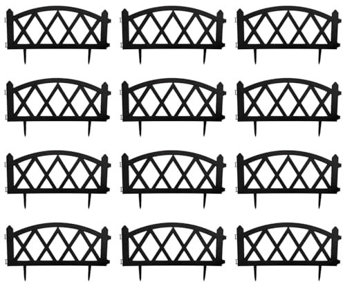 Tradineur - Pack de 12 vallas de plástico decorativas de jardín, borde para césped, plantas y flores, decoración de exterior (Negro - 60 x 34 cm)