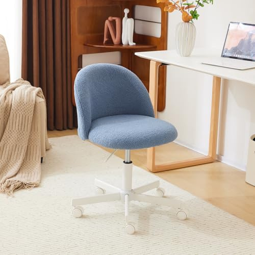 Bonnlo Chaise de Bureau Mignonne sans Accoudoirs, Petite Chaise Confortable, Fauteuil de Coiffeuse avec Support Lombaire, Chaise Pivotante Réglable pour Bureau, Chambre, en Teddy (Bleu Foncé)