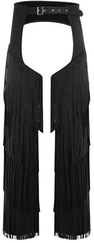 Agoky Western Cowboy Chaps for Men Adult Assless Layered Fringe Motorcycle Chaps Pants Costume Black X-Large