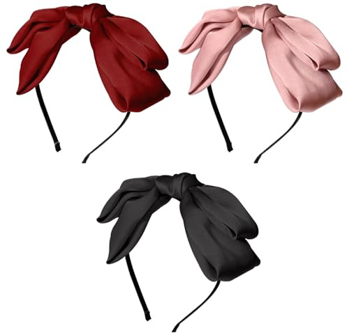 TRKETK 3 Pcs Bow Headbands for Women Vintage Headbands Knot Hairband Fashion Non Slip Multicolor Alice Hair Accessories Satin Ribbon Bow Set for Women and Girls Daily Party Work (3 Colors)