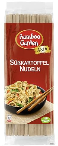 Bamboo Garden - Süßkartoffel Nudeln | Breite Nudeln mit einer feinen Note von Süßkartoffel | Ideal für würzige Saucen, pikante Wok-Gerichte | Schnell zubereitet | 250 g im Beutel