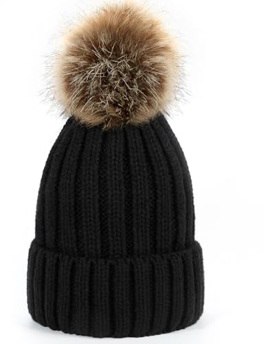 Yafacuha Warm Knit Beanie with Fluffy Pom Pom - Stretchable Acrylic Skull Cap for Hair Protection, for Women Men Winter Black