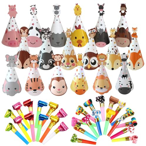 Set di Cappelli e Soffietti da Festa con Animali della Giungla – 18 Cappelli Cone, 20 Soffietti Assortiti, Stampa ad Alta Risoluzione, Tema Safari per Feste di Compleanno e Eventi per Bambin
