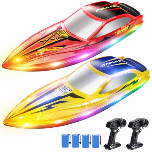 DEERC 2-Pack RC Boats for Kids, Fast Remote Control Boat with 4×1200mAh Batteries, 120 Min Runtime, 7 LED Lights Mode, Capsize Recovery, 2.4GHz Racing, Pool & Lake Toy