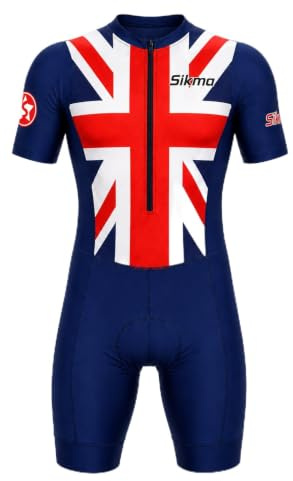 Sikma Men’s Half Sleeve Trisuit Breathable Mesh Triathlon Padded Suit with Hi Viz Reflection One Back Pocket and Power Band Leg Grippers Trisuit (Red white, Medium)