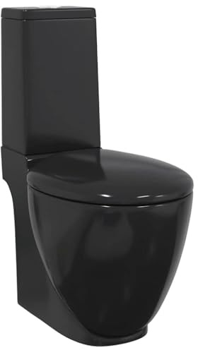 vidaXL Toilette Céramique Rond Noir Écoulement d'Eau au Fond Salle de Bain