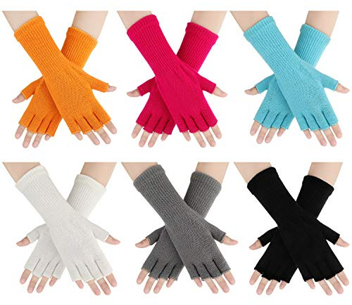 Geyoga 6 Pairs Winter Fingerless Gloves for Women Unisex Finger Gloves Warm Stretchy Knit Fingerless Glove 8.6 Inches(Black, White, Blue, Orange, Pink, Grey)