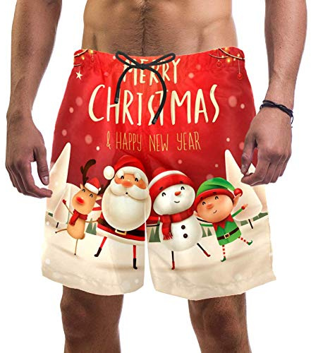 Pantaloncini da spiaggia da uomo con Babbo Natale pupazzo di neve renna ed elfo felice anno nuovo costume da bagno elastico pantaloncini da bagno da uomo, Multi, L