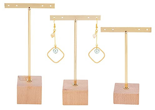 FINGERINSPIRE 3 Stück Gold Metall T-Bar Ohrring Displayständer mit Holzsockel 4 Löcher Schmuckhalter Hängender für Shop Einzelhandel Fotografie Requisiten (Quadratische Basis, 119&141​​&161mm Höhe)