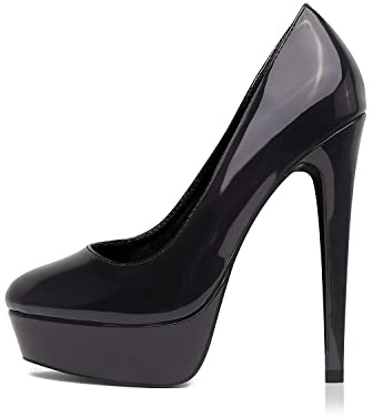 Zhabtuc Escarpins Femme Plateformes Talons Aiguille 14CM Bout Rond Fermé Vernis High Heels Party Soirée Mariage Chaussures Talons Hauts, Noir, 38.5 EU
