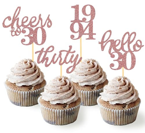 24 Stück Glitzer 30. Geburtstag Cupcake Topper Geburtstagsdeko von 1995 für 30 Geburtstagsfeier Zubehör Party Dekoration Kuchendekoration (Rose Gold)