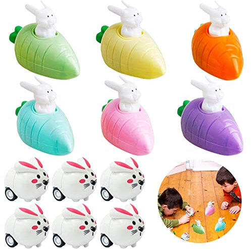 Qunkun Lot de 12 lapins à remonter avec carotte, lapins de voiture, jouets de voiture, lapins roulants, parfaits comme cadeau de Pâques pour les enfants