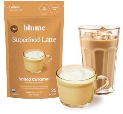 Blume Superfoods Latte - Salted Caramel - Dandelion Root and Maca Powder, Pink Himalayan Salt, Low-Sugar, Inflammation support, Organic, Vegan And Keto Friendly - 25 Servings