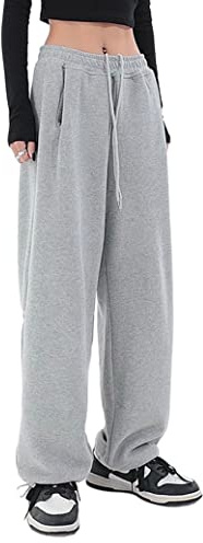 Kiench Pantalon de Survêtement Ample pour Ado Fille avec Poches et Cordon de Serrage en Coton FR 14-16 Ans, Gris