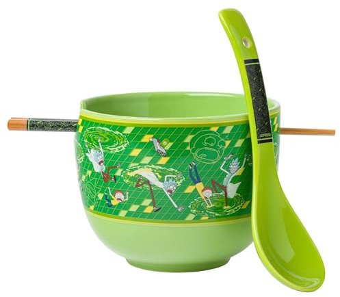 Silver Buffalo Rick and Morty Portal flotante de cerámica Ramen fideos arroz, tazón con palillos y cuchara, apto para microondas, 20 onzas