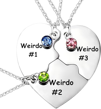 Lezmoii Friendship Necklace Matching Weirdo Heart Pendant Best Friend Necklace for 3 Women BFF Necklace Jewelry Gifts (Weirdo 3)