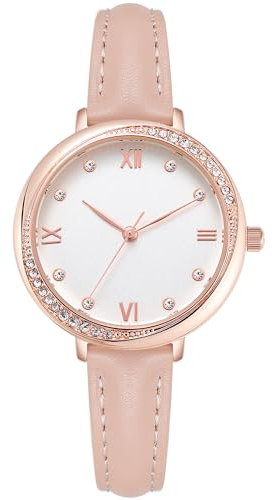 NUOVO Damenuhren Rose Gold Gehäuse Rosa Lederarmband Mode Uhren Weiß Gesicht Frauen Diamant Kristall Lünette Quarz Klassische Frauen Uhr