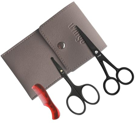 LIVINGO Ensemble de ciseaux à moustache pointus : ciseaux à poils de nez à pointe ronde, petit peigne de toilettage, pochette en cuir – Idéal pour couper les poils du visage, du nez