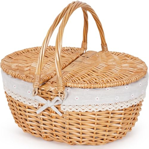 Happypicnic Wicker picknickkorg med handtag, 38 cm stor tom picknickkorg med lock och avtagbart foder, vintage handvävd korg för picknick, camping, grönsaksplockning, mors dag, Thanksgiving (blomma)