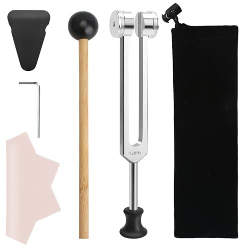 Stimmgabel 128 HZ, Medizinische Stimmgabel Neurologie mit Mallet Plastikfuß Samtbeutel Reinigungstuch, Tuning Fork Medical für Klangtherapie Heilung, DNA Reparatur Heilung, Violine/Gitarre/Klavier