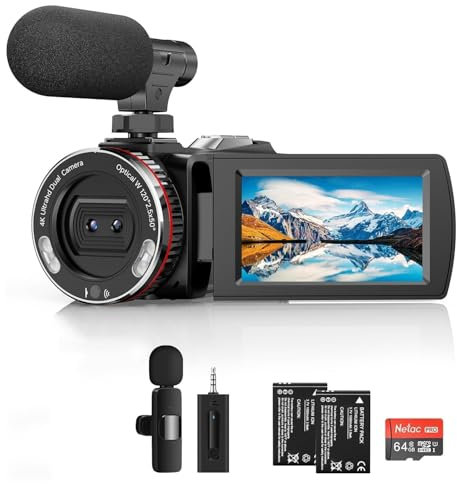 4K-Camcorder, 64 MP 60 FPS Vlogging-Kamera mit kabellosem Mikrofon für YouTube, Ultra HD 7,6 cm Flipscreen, 21 x Digitalzoom Videorecorder-Kamera mit 64 GB SD-Karte, Fernbedienung und 2 Batterien