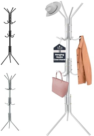 LKH Coat Rack Stand 175cm Steel Hat Stand Coat Stands with Multiple Hooks – Clothes Hanger for Jackets, Hats, Scarves, Bags & Umbrellas Space Saving Design Non-Slip Feet- White
