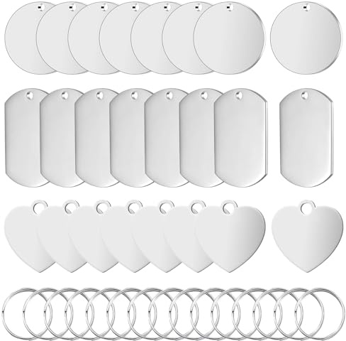 YUDAWN 24 Stück Edelstahl Anhänger Blanko, Schlüsselanhänger Rohlinge Dog Tags Hundemarken Stanzen Rohlinge für Runde Rechteckige Herzförmige Charms Halskette Armbänder DIY Making Kit