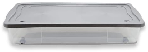 Khanary 47L Underbed Plastic Storage Boxes with Lid Rolling Wheels Container| Nestable Stacking container |Garage Organizer Flat Organizer Box (47 L Underbed Box- Clear, Pack Of 1)