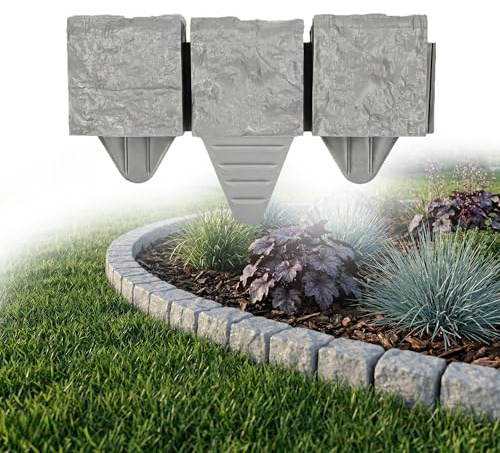 GARDENIX Bordo per prato, 1,8 m, effetto pietra, grigio 10 x 10 x 10 cm, bordatura per aiuole in plastica, recinzione da giardino, aiuole