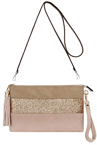 CRAZYCHIC - Bolso Bandolera Lentejuelas Mujer - Cartera de Mano Cuero PU Rayas - Bolsos de Fiesta Noche Embrague Pochette Clutch - Bolsos Hombro Crossbody Mensajero Moda - Rosa