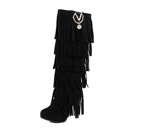 Bubumei Womens Fringe Tassel Stiletto Boots Faux Suede Moccasin High Heel Western Cowboy Knee High Boot Black