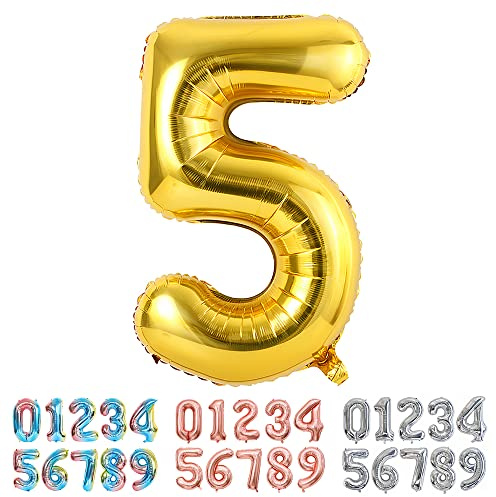 Ponmoo Foil Globo Dorado Número 5, Gigante Numeros 0 1 2 3 4 5 6 7 8 9 10-19 20-29 30-39 40 50 60 70 80 90 100, Grande Globos Decoración para La Boda Aniversario y Cumpleaños Fiestas