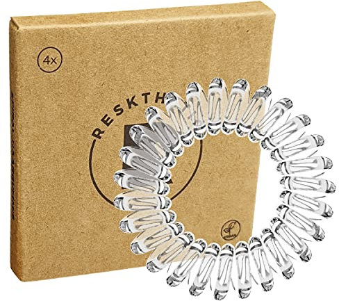 Reskthetic - hochwertige Spiral Haargummi (transparent), schonend zum Haar, nachhaltig, umweltfreundlich, (Telefonkabel, Zopfgummis) für Mädchen & Frauen/Damen (4 x 3,5 cm)